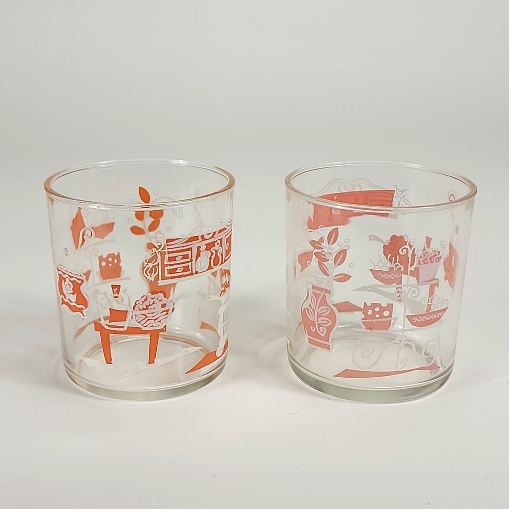 Vintage‎ MCM Anchor Hocking Pink White Kitchen Scene Glasses Retro Tumblers